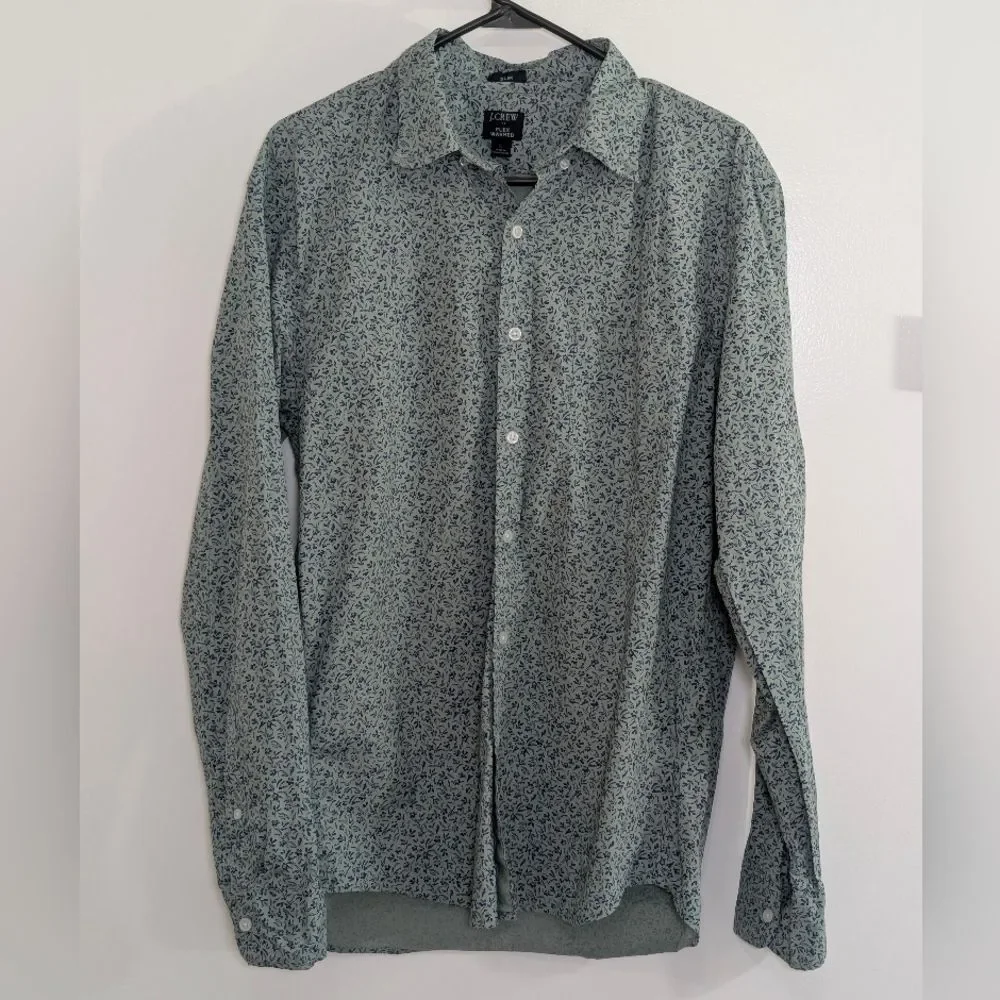 J.Crew Slim Fit Floral Button-Down Shirt Sage Green Cotton Stretch L Preppy